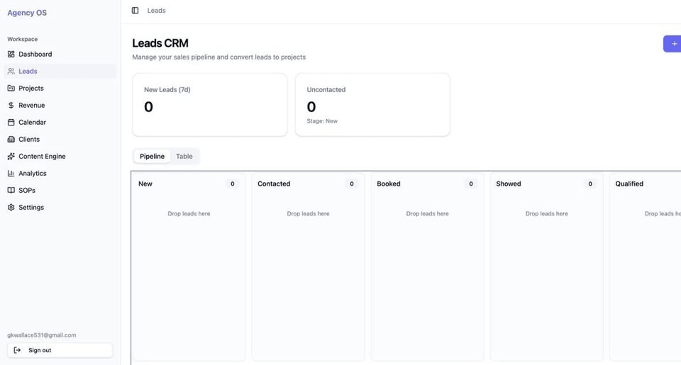 Lead dashboard showing pipeline stages: New, Contacted, Booked, Showed, Qualified