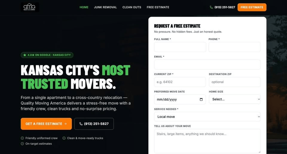 Quality Moving America website โ built by Webs by Kingz